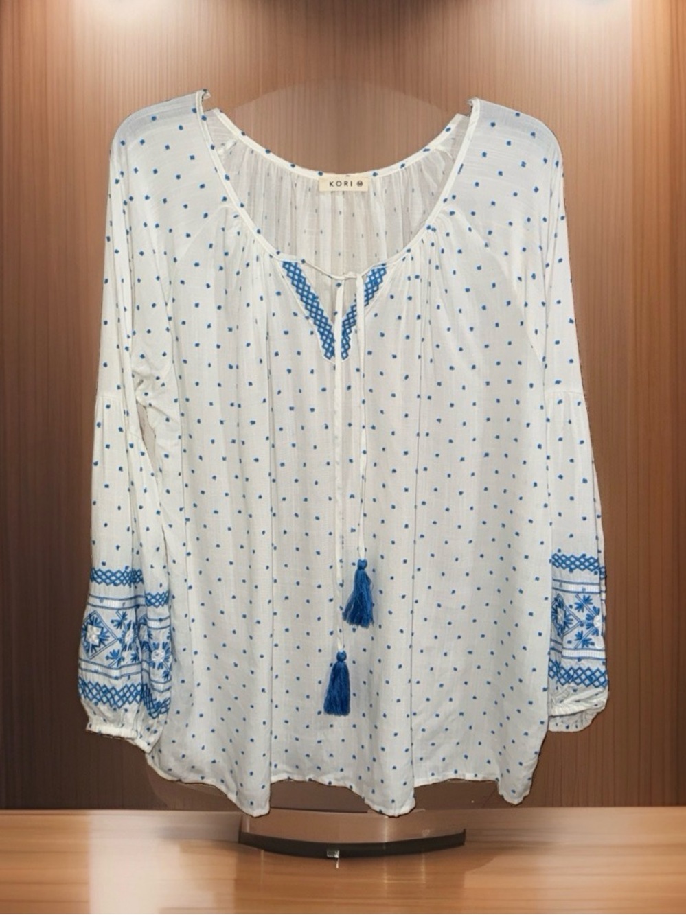 KORI Women’s White & Mykonos Blue Embroidered Peasant Blouse-M-EC